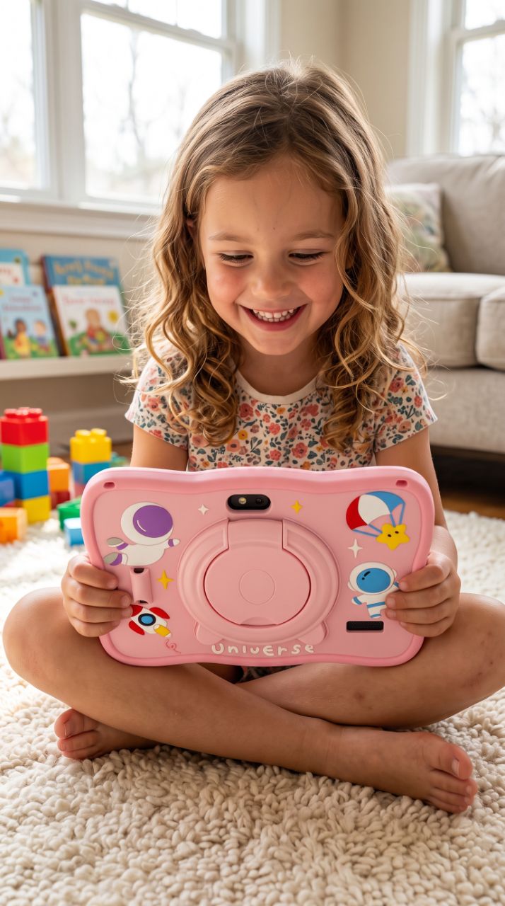 Menina sorrindo enquanto segura o seu Universe Tablet Kids rosa