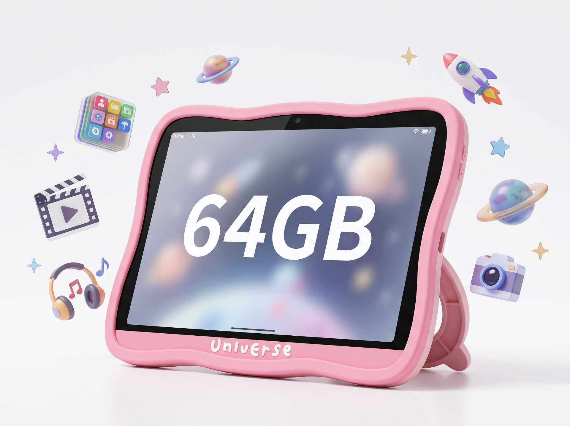 Universe Tablet Kids rosa destacando os 64GB de armazenamento interno para apps, fotos e vídeos