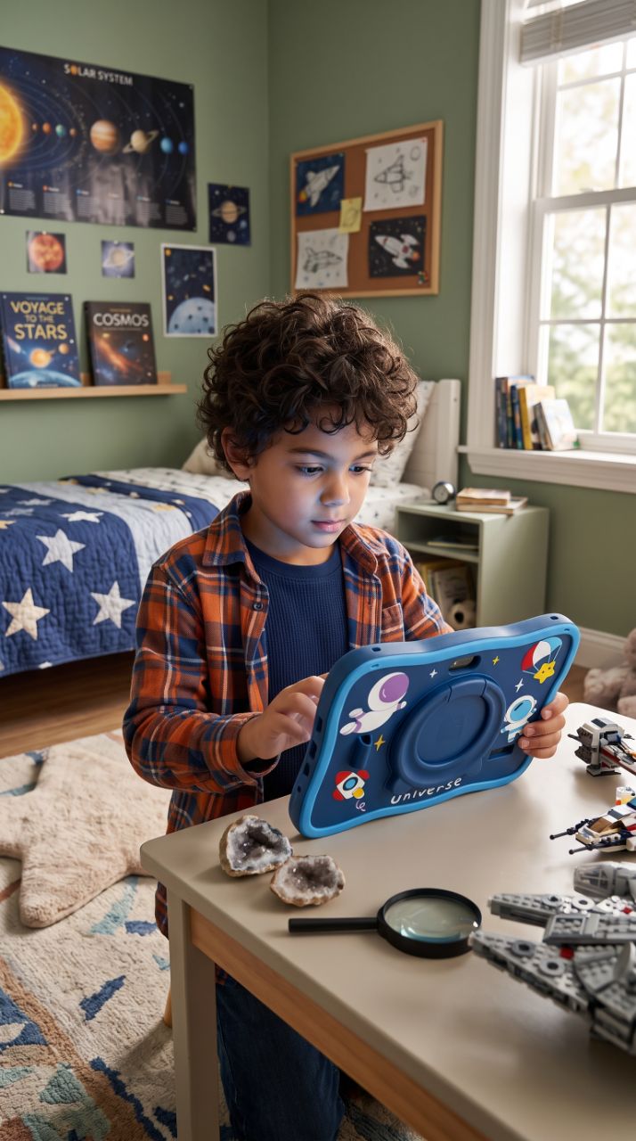 Menino usando o Universe Tablet Kids azul para estudar no quarto