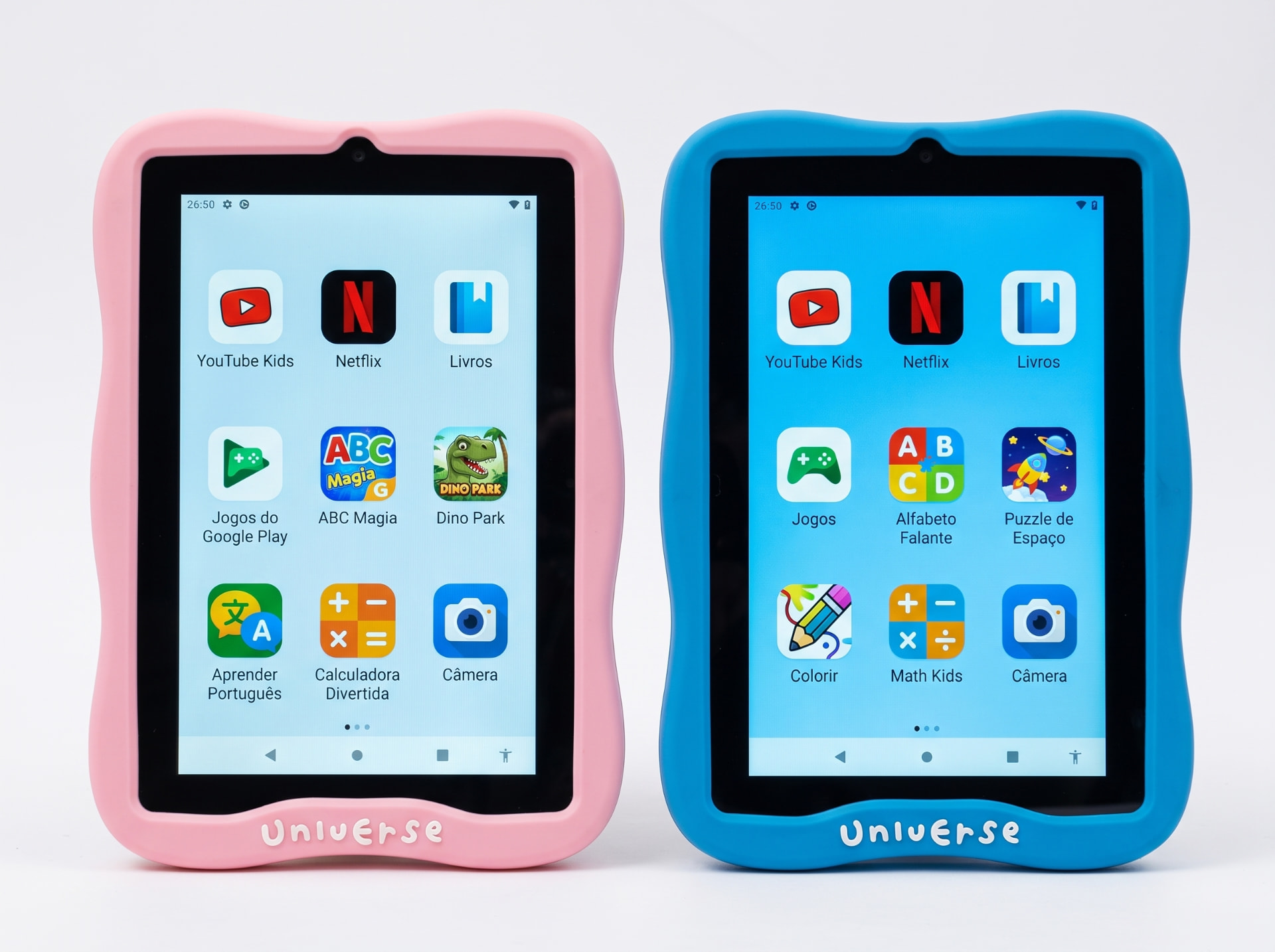 Dois Universe Tablets Kids lado a lado nas cores rosa e azul com capas de silicone