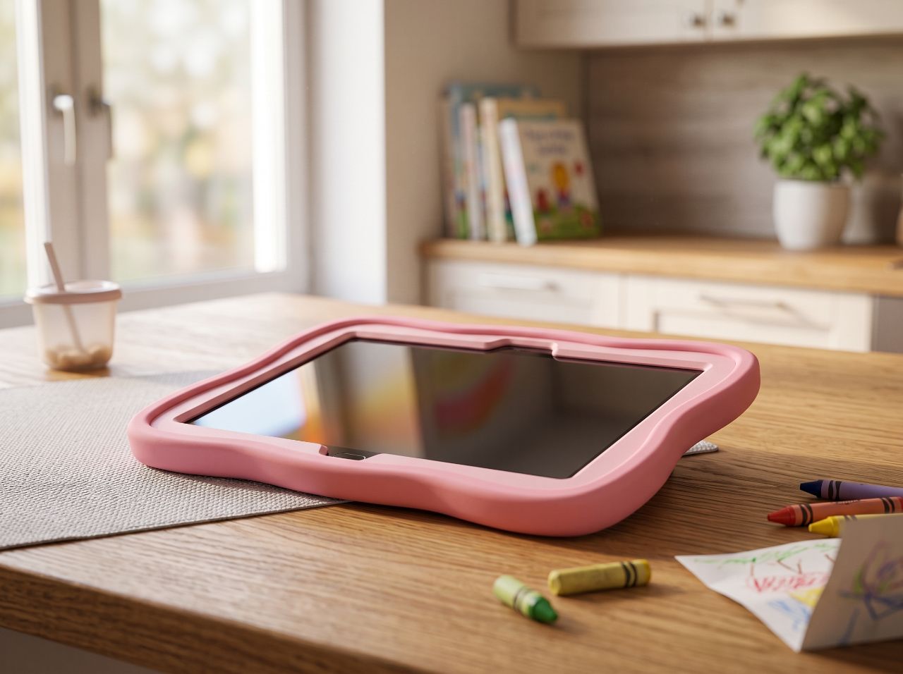 Universe Tablet Kids rosa com tela de 7 polegadas sobre a mesa