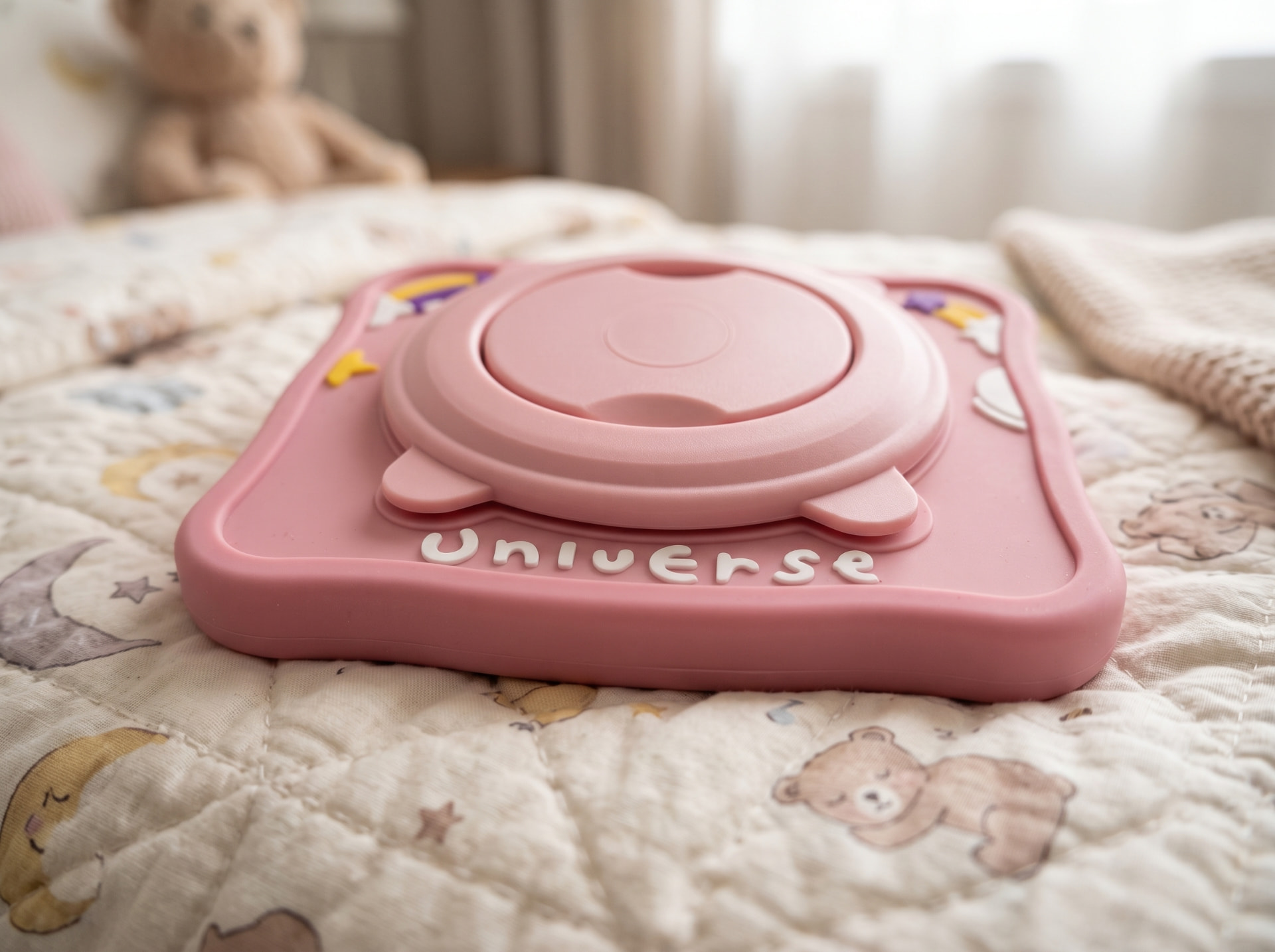 Capa protetora de silicone do Universe Tablet Kids rosa com suporte circular em close