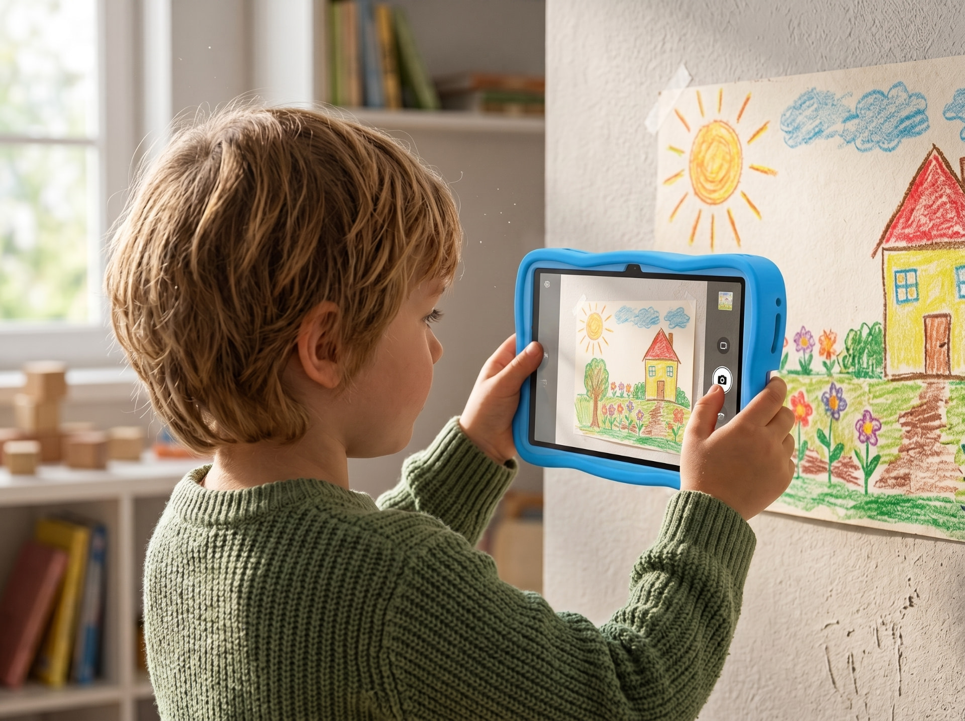 Criança fotografando um desenho colorido na parede com o Universe Tablet Kids azul