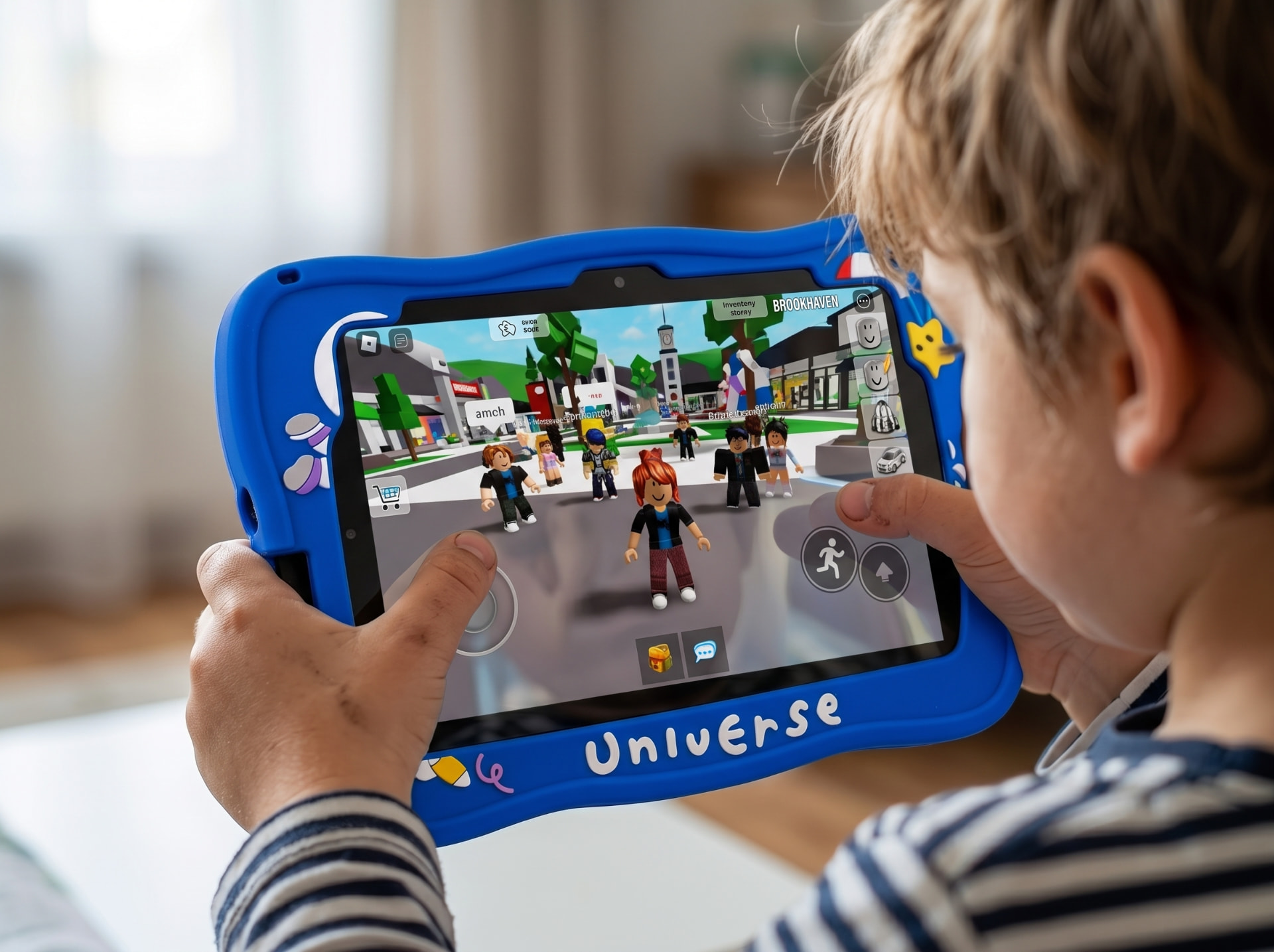 Criança jogando Roblox no Universe Tablet Kids azul com capa protetora